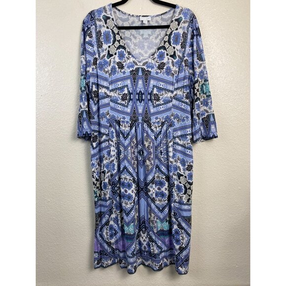 J.Jill Womens Dress size Large Vacation Blue Floral Mosaic  Shift Stretch Knit - Picture 1 of 11